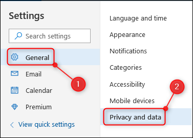 A opção "Privacidade e dados"