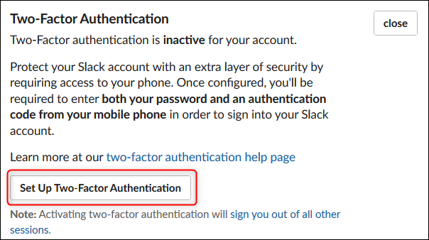 O botão "Configurar autenticação de dois fatores"