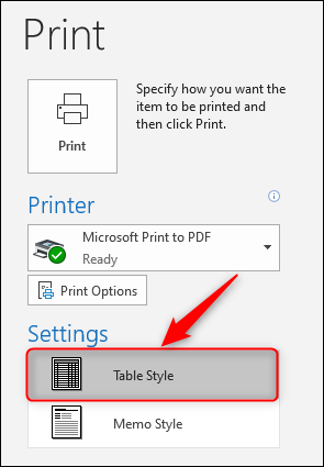 As configurações de impressão, com "Estilo de tabela" realçado.