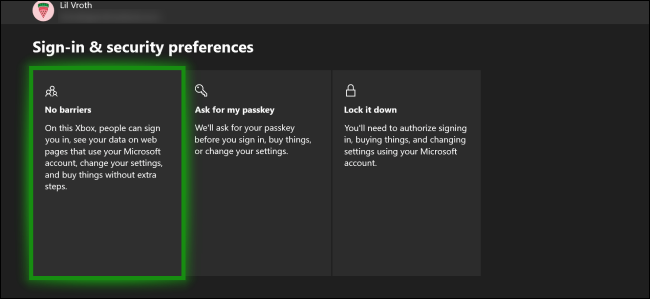 O menu "Preferências de Login e Segurança" do Xbox One.