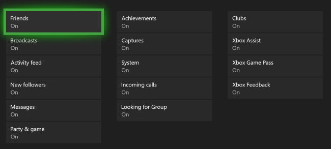 Menu de notificações do Xbox One Xbox