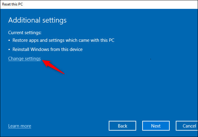 O botão "Alterar configurações" para modificar configurações adicionais durante a redefinição do Windows 10.