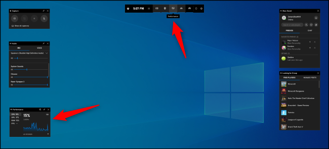 Encontrando o painel de desempenho na barra de jogos do Windows 10.