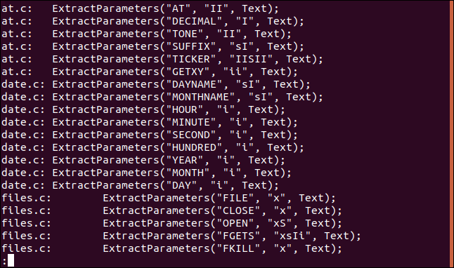 Saída de grep "ExtractParameters" * .c |  menos em uma janela de terminal