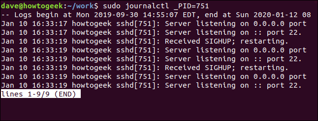 saída de sudo journalctl _PID = 751 em uma janela de terminal