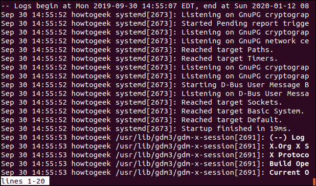 saída de sudo journalctl _UID = 1000 em uma janela de terminal