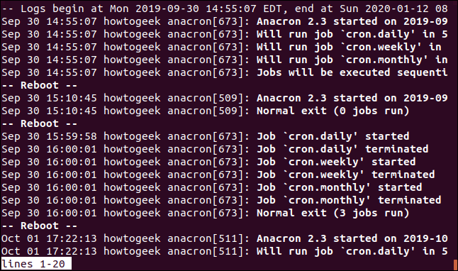 Saída de sudo journalctl / usr / bin / anacron em uma janela de terminal