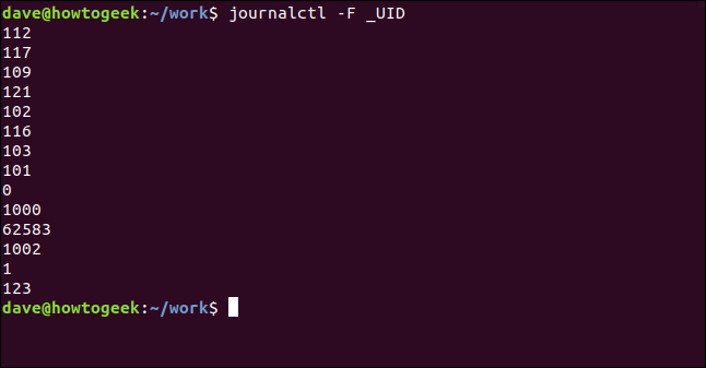 journalctl -F _UID em uma janela de terminal