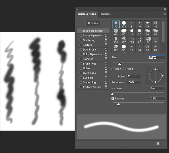 O menu "Configurações de pincel" do Photoshop.