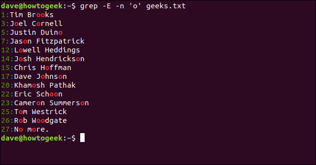 O comando "grep -E -n 'o' geeks.txt" em uma janela de terminal.