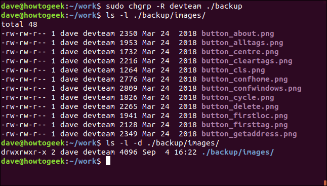 sudo chgrp -R devteam ./backup em uma janela de terminal