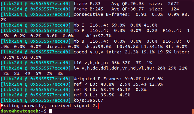 Mensagem de confirmação em uma janela de terminal que o ffmpeg fechou normalmente