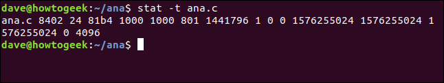 stat -t ana.c em uma janela de terminal