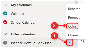 A opção "Cor" de um calendário.