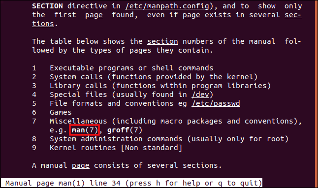 Seções manuais listadas em "man" em uma janela de terminal.