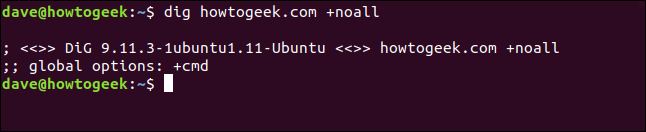 O comando "dig howtogeek.com + noall" em uma janela de terminal.