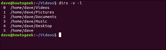 O comando "dirs -v -l" em uma janela de terminal.