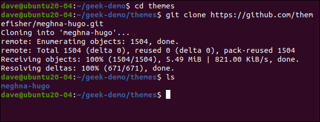 git clone https://github.com/themefisher/meghna-hugo.git em uma janela de terminal.