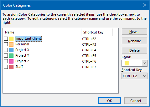 O painel "Categorias de cores".