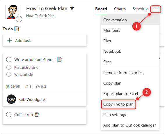 A opção "Copiar link para o plano" no menu Planejador.