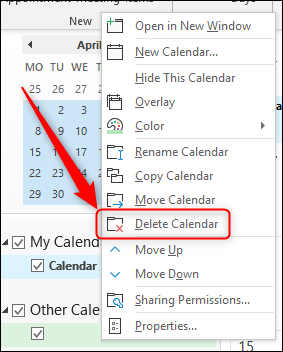 Opção "Excluir calendário" do Outlook