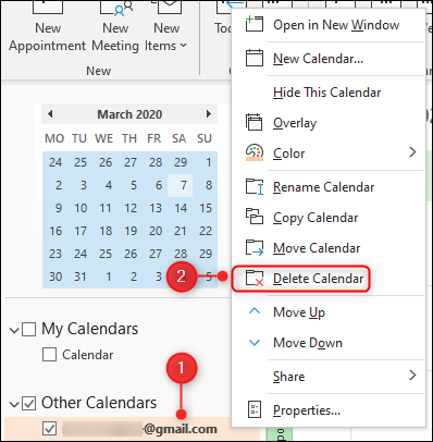 A opção "Excluir calendário".