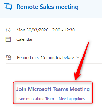 Um evento no calendário do Outlook Online mostrando o link da reunião das equipes.