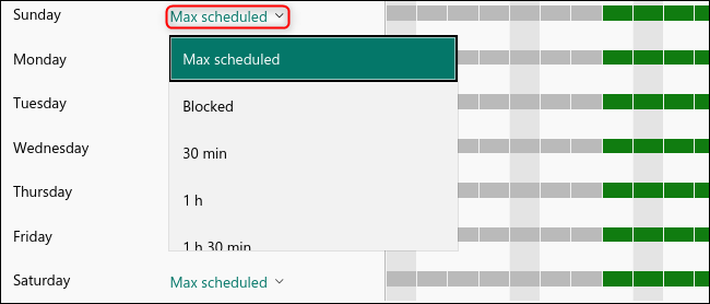 O menu suspenso "Máx. Programado" para definir um limite de tempo. 