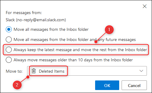 A opção "Manter sempre a mensagem mais recente e mover o resto da pasta".