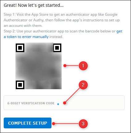 O código QR a ser lido, com o campo do código 2FA e o botão "Concluir configuração".