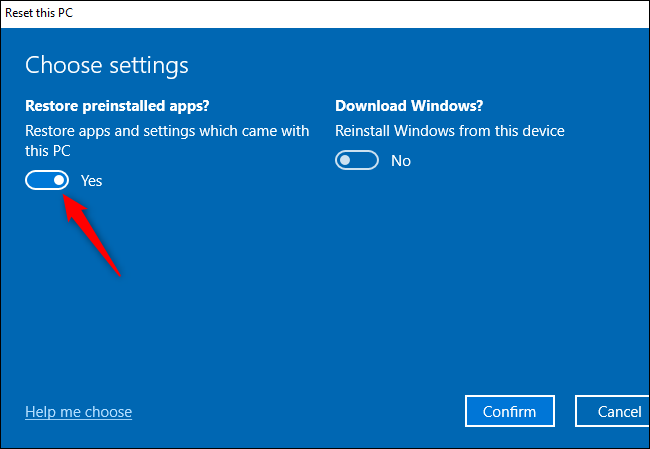 A seção "Restaurar aplicativos pré-instalados?"  opção para executar um novo início no Windows 10.