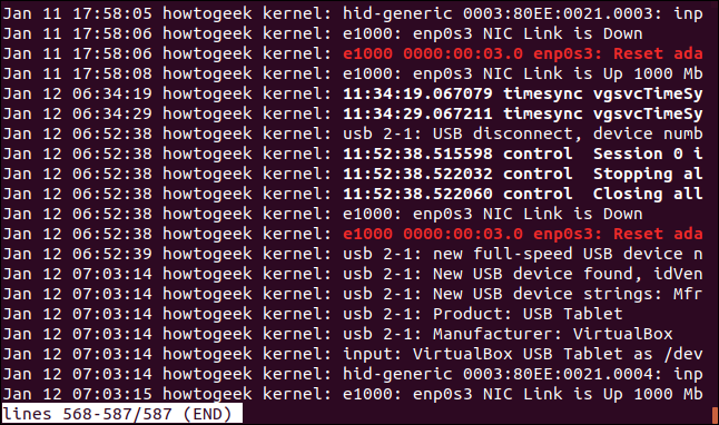 Saída de sudo journalctl -k em uma janela de terminal