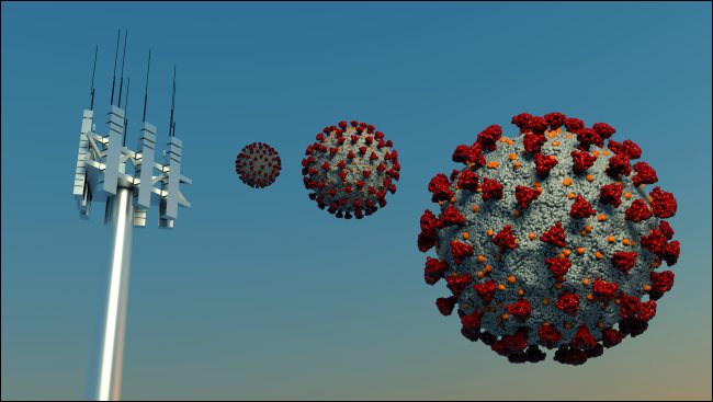 Uma antena 5G com uma ilustração do novo coronavírus que causa COVID-19.