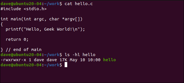 cat hello.c em uma janela de terminal. 