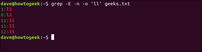 O comando "grep -E -n -o 'o' geeks.txt" em uma janela de terminal.