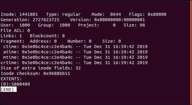 Os metadados inode exibidos em less em uma janela de terminal.