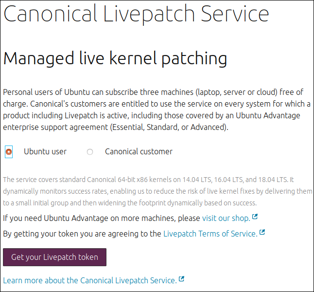 Página da web do Canonical Livepatch Service
