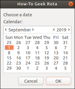 calendário Zenity com uma data de início selecionada (1 de setembro de 2019).