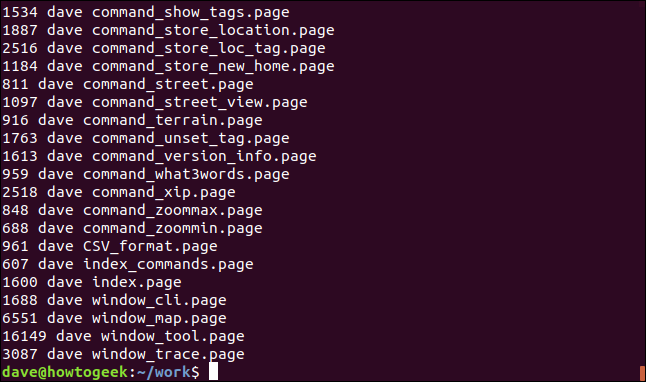 Lista de três colunas para cada arquivo correspondente em uma janela de terminal