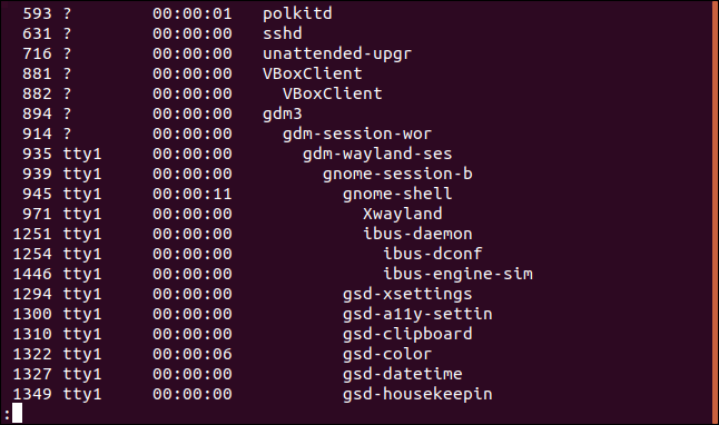 saída de ps -eH em menos em uma janela de terminal