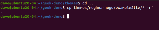 cp themes / meghna-hugo / exampleSite / * -rf em uma janela de terminal.
