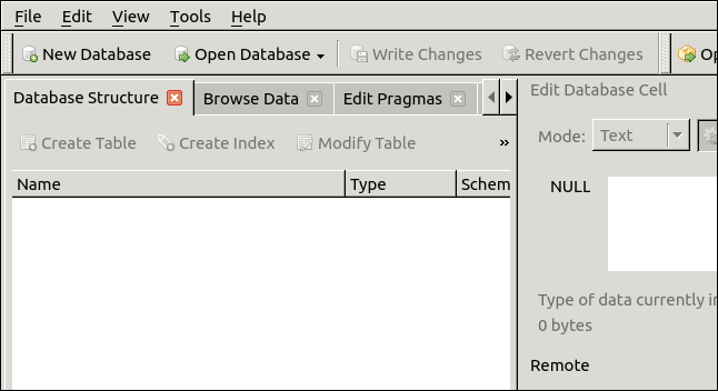 Janela principal do aplicativo DB Browser for SQLite.