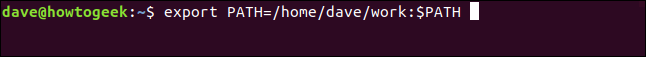 O comando "export PATH = / home / dave / work: $ PATH" em uma janela de terminal.