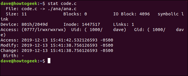 stat code.c em uma janela de terminal