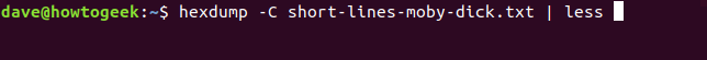 hexdump -C short-lines-moby-dick.txt |  menos em uma janela de terminal
