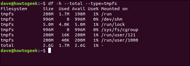 df -h --total --type = tmpfs em uma janela de terminal