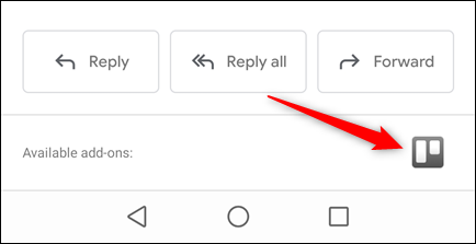 O aplicativo móvel do Gmail mostrando um e-mail com o suplemento Trello realçado.