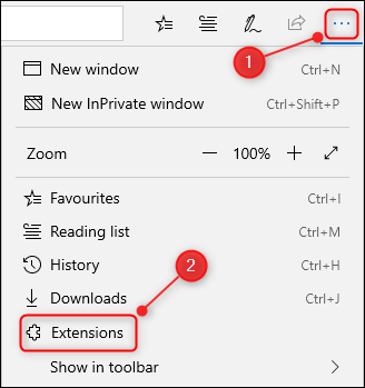 Os 3 pontos e o menu do navegador no Edge, com a opção "Extensões" destacada.