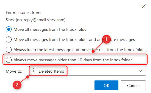 A opção "Sempre mover mensagens com mais de 10 dias da pasta".