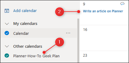 O calendário do Planner exibido no Outlook.